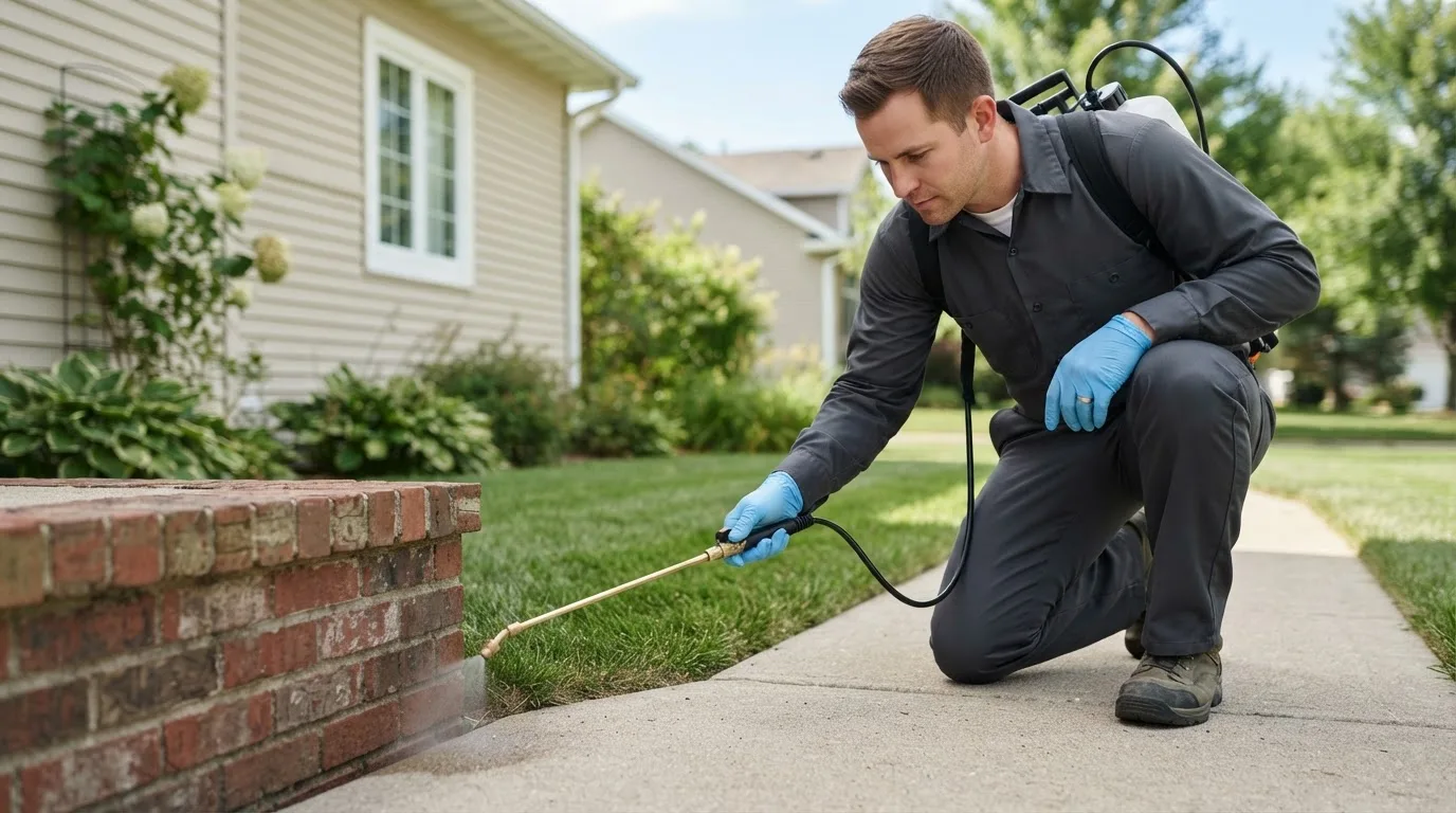 Pest control technician treating a home near Belgrade, ME