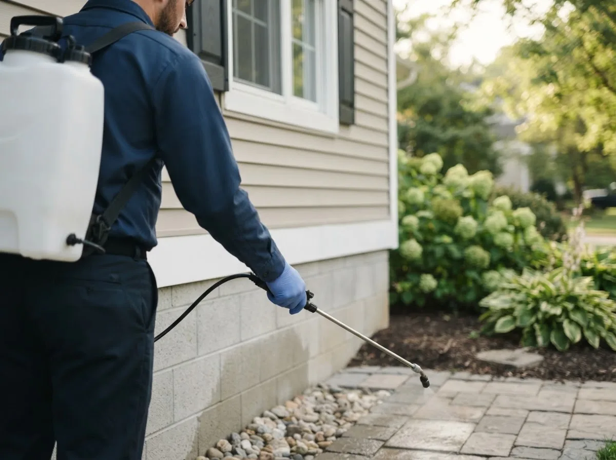 Pest control technician inspecting a home in Belgrade, ME